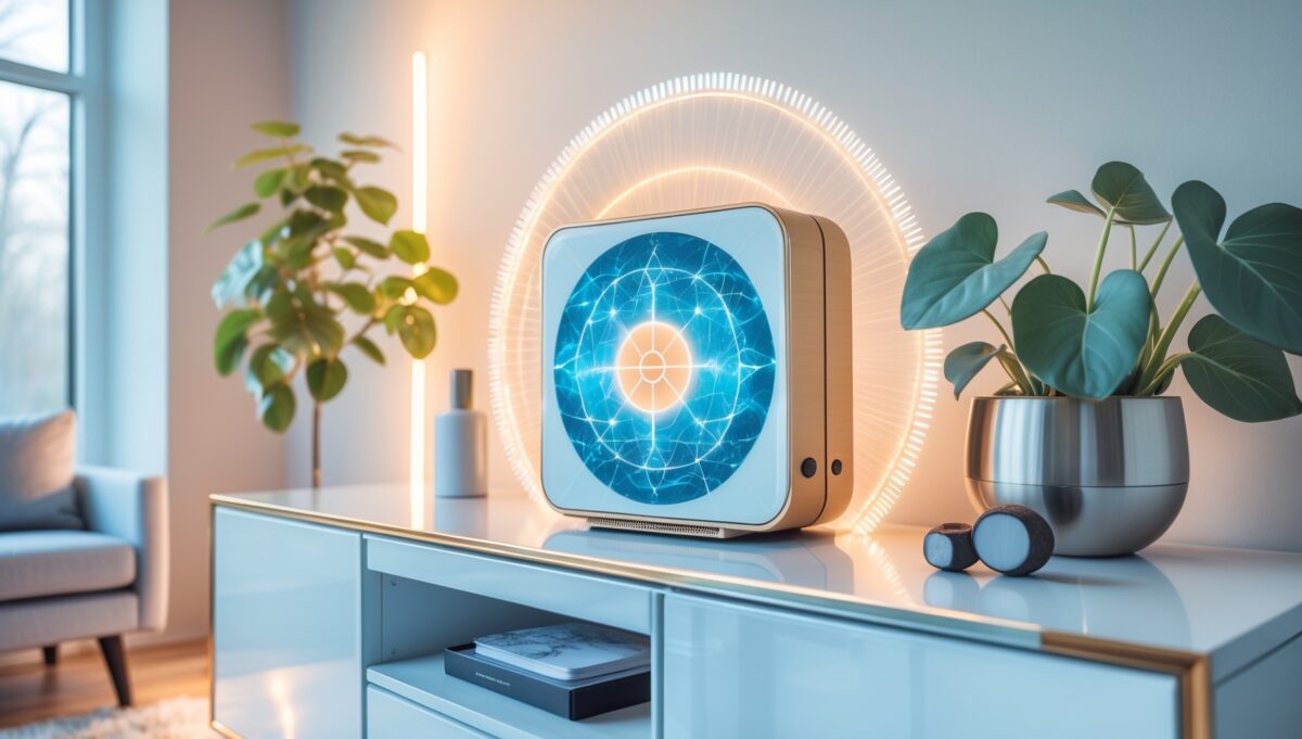 Blushield Tesla Gold Gerät in modernem minimalistischem Wohnzimmer auf Sideboard mit sanftem goldenen Licht und EMF-Schutz Atmosphäre
