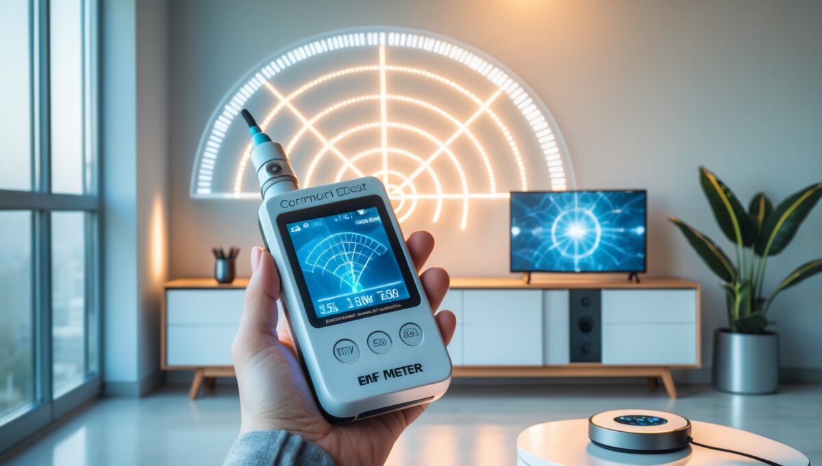 Professionelle EMF-Messgerät-Überprüfung in modernem Wohnraum mit Cornet ED88T Gerät zur Messung von elektromagnetischen Feldern