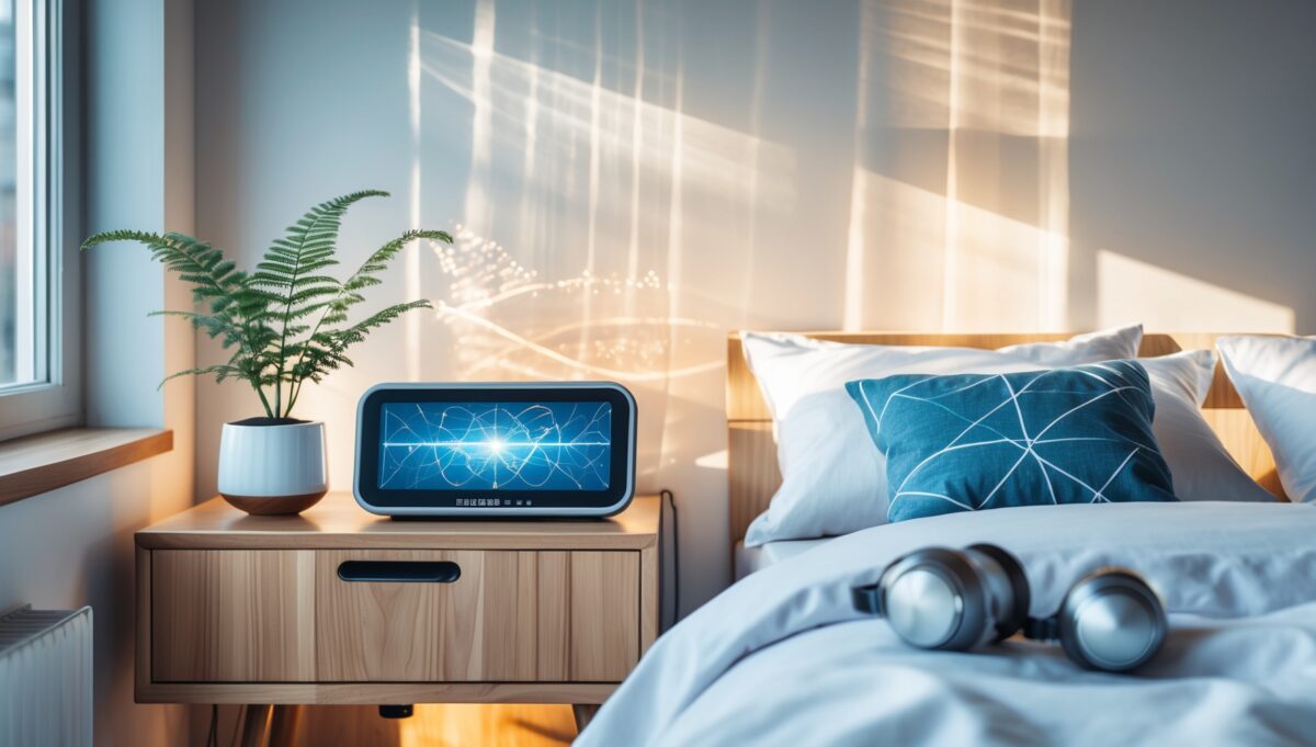 Biogeta FM Biofeldformer device placed on nightstand in minimalist German bedroom for EMF protection and geopathic stress mitigation