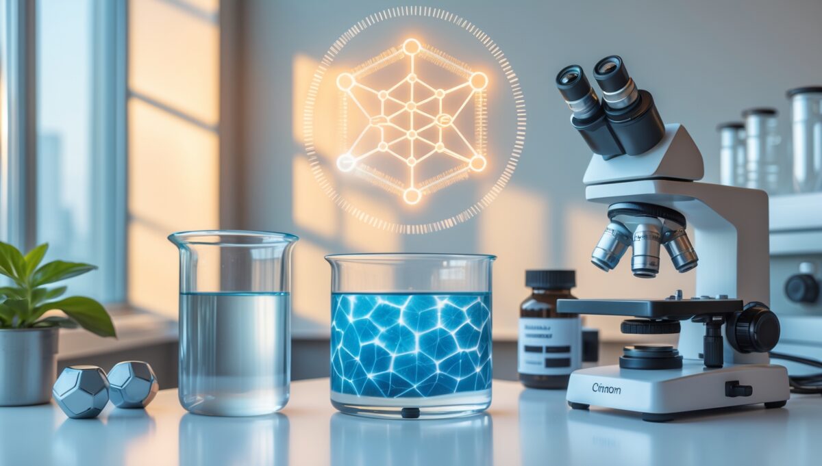 Wissenschaftlicher Vergleich von strukturiertem Wasser mit Wassermolekül-Visualisierung und Laborausrüstung auf modernem Tisch