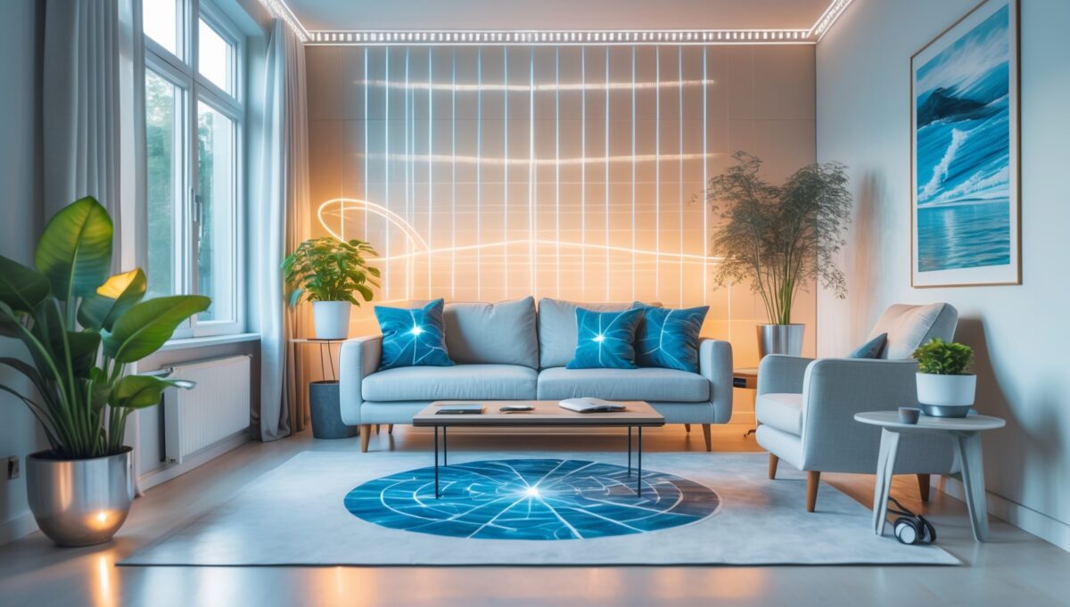 Modernes minimalistisches Wohnzimmer mit EMF-optimierter Einrichtung, kabelgebundenen Geräten und EMF-Messgerät auf Couchtisch