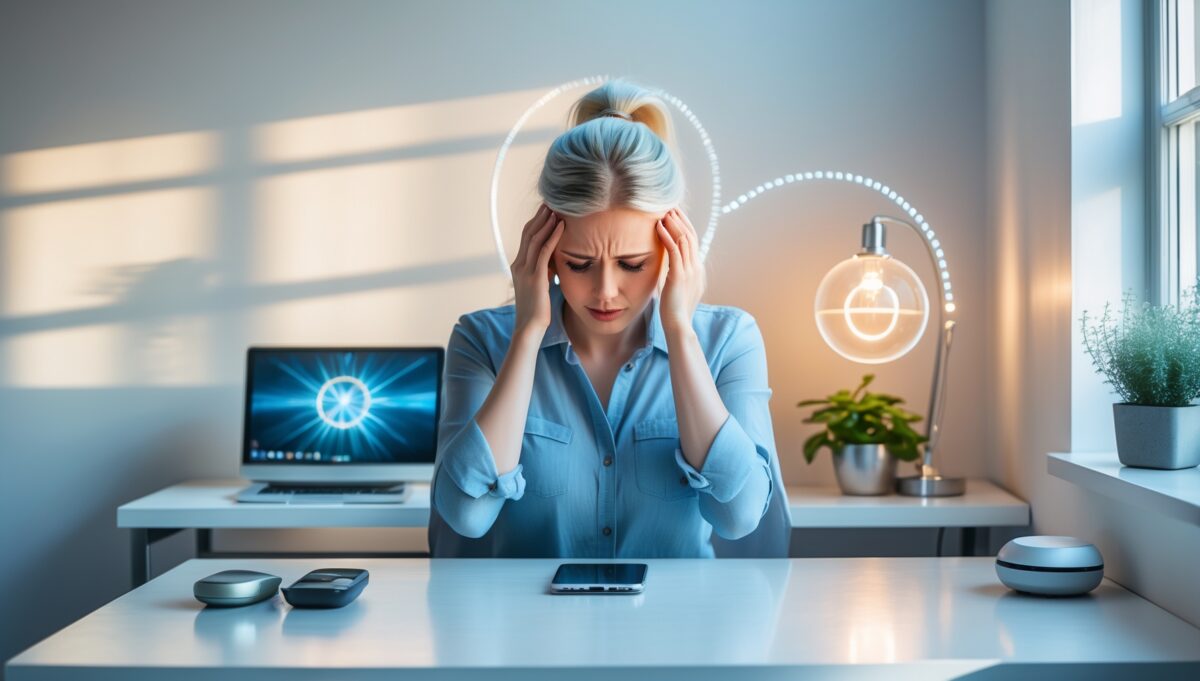 Woman experiencing electromagnetic hypersensitivity symptoms with headache at home office desk near WiFi router