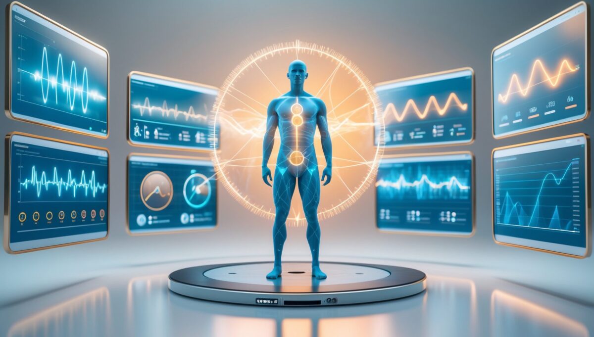 Visualización conceptual de seguimiento biométrico con silueta humana rodeada de paneles holográficos de datos de salud