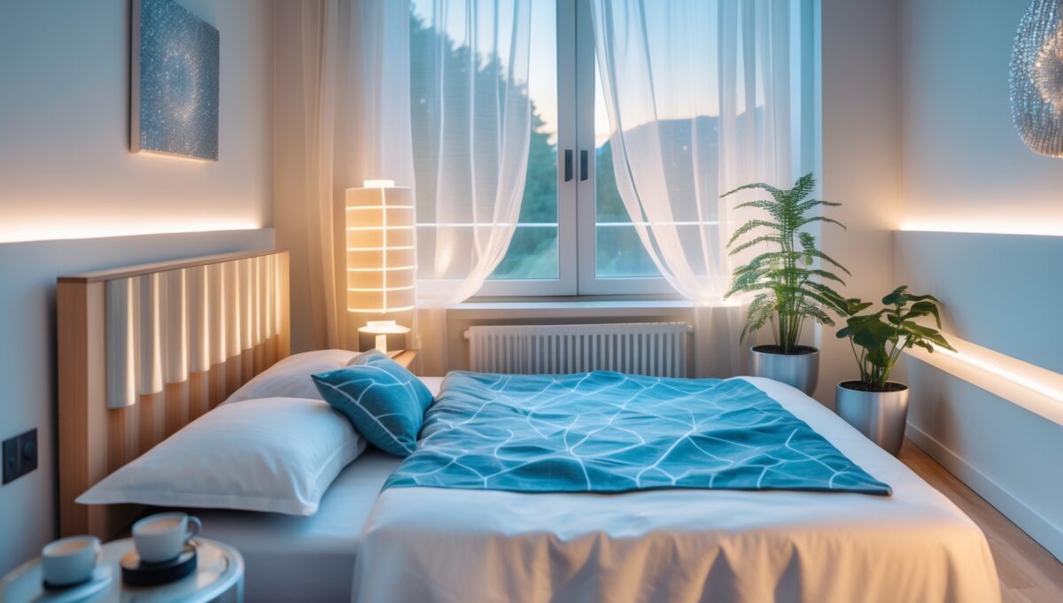 Chambre à coucher optimisée pour le biohacking avec purificateur d'air, plantes, éclairage naturel et absence d'électronique pour qualité de sommeil maximale