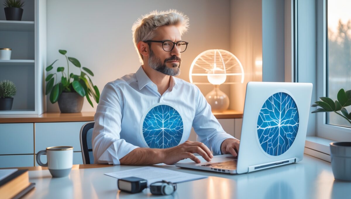 Professionnel utilisant un dispositif de protection EMF dans un espace de travail moderne et minimaliste pour optimiser sa santé