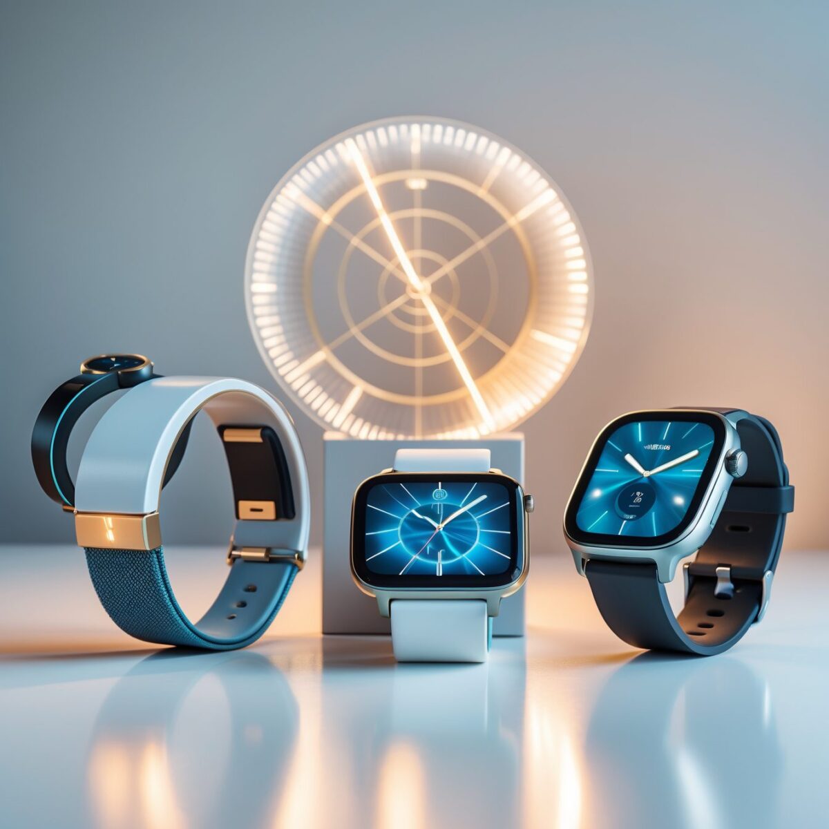 Fotografia professionale di quattro dispositivi wearable per il biohacking: Oura Ring, Whoop, Apple Watch Ultra e Garmin Fenix su sfondo pulito