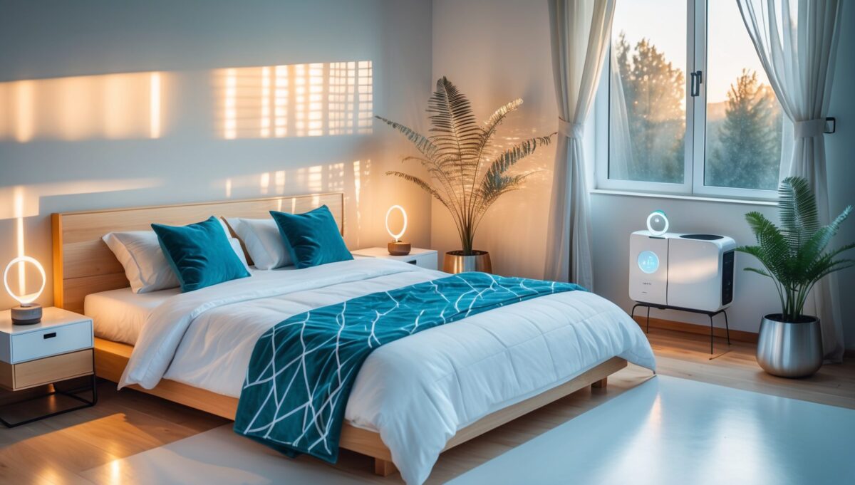 Camera da letto minimalista ottimizzata per il sonno con illuminazione naturale, temperatura controllata, purificatore d'aria e dispositivi di tracciamento