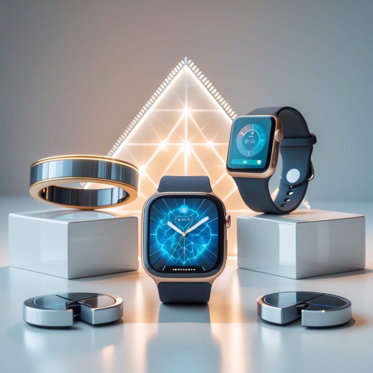 Colección de dispositivos wearables de biohacking incluyendo anillo inteligente, smartwatch y báscula sobre fondo blanco