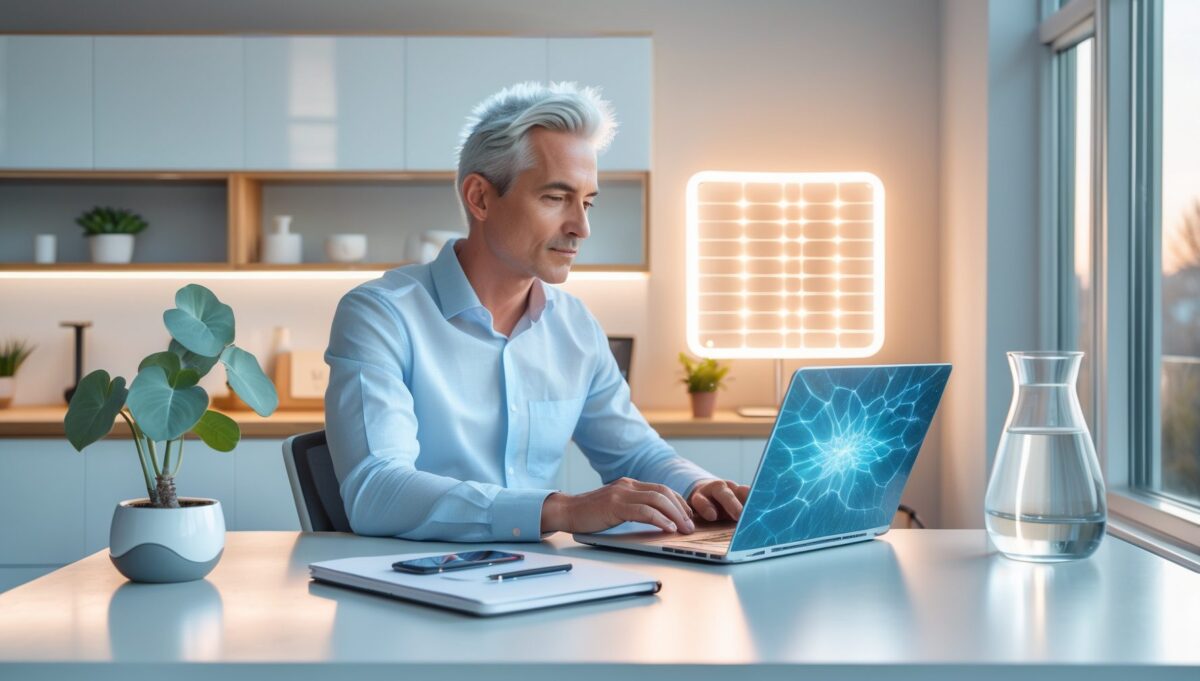 Configuración completa de stack de biohacking en oficina doméstica con profesional trabajando en ambiente optimizado