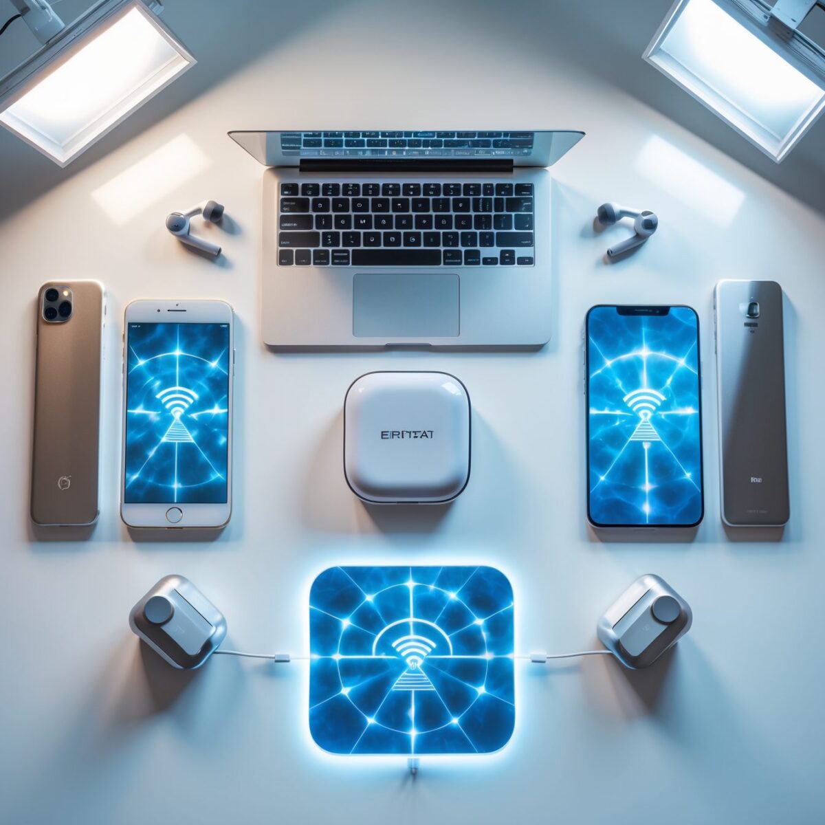 أجهزة إلكترونية منزلية محاطة بهالات زرقاء تمثل الإشعاع الكهرومغناطيسي على خلفية بيضاء