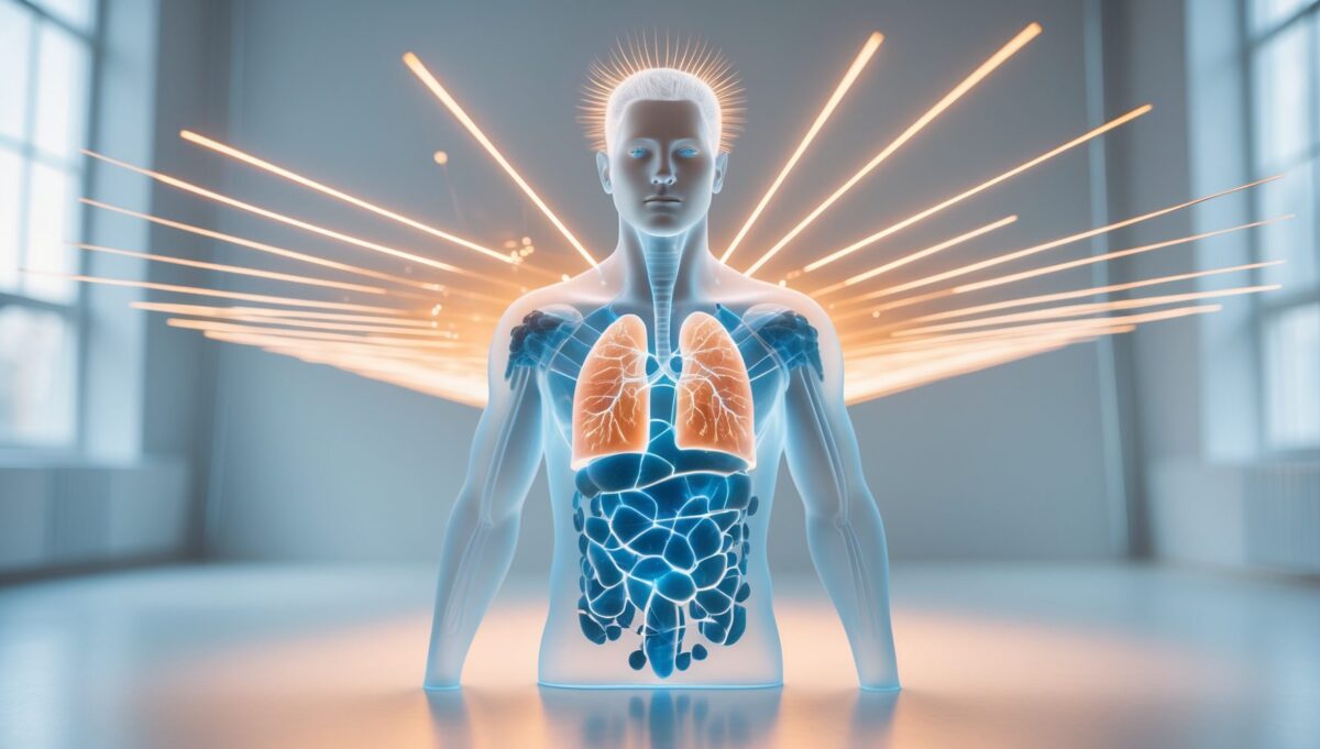 صورة مفاهيمية لجسم بشري زجاجي شفاف بتوهج نحاسي داخلي محمي من الخطوط الزرقاء الخارجية