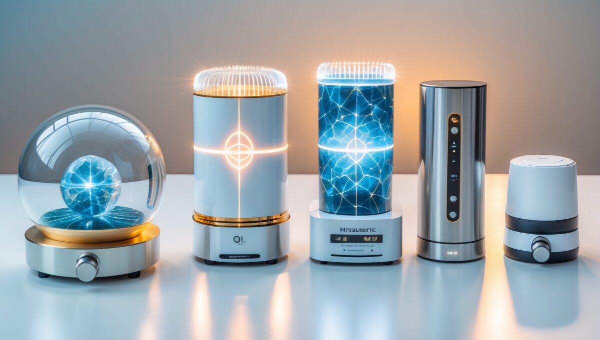 Comparación visual de cuatro dispositivos principales de energía cuántica: Somavedic, Qi-Home, Leela y Blushield