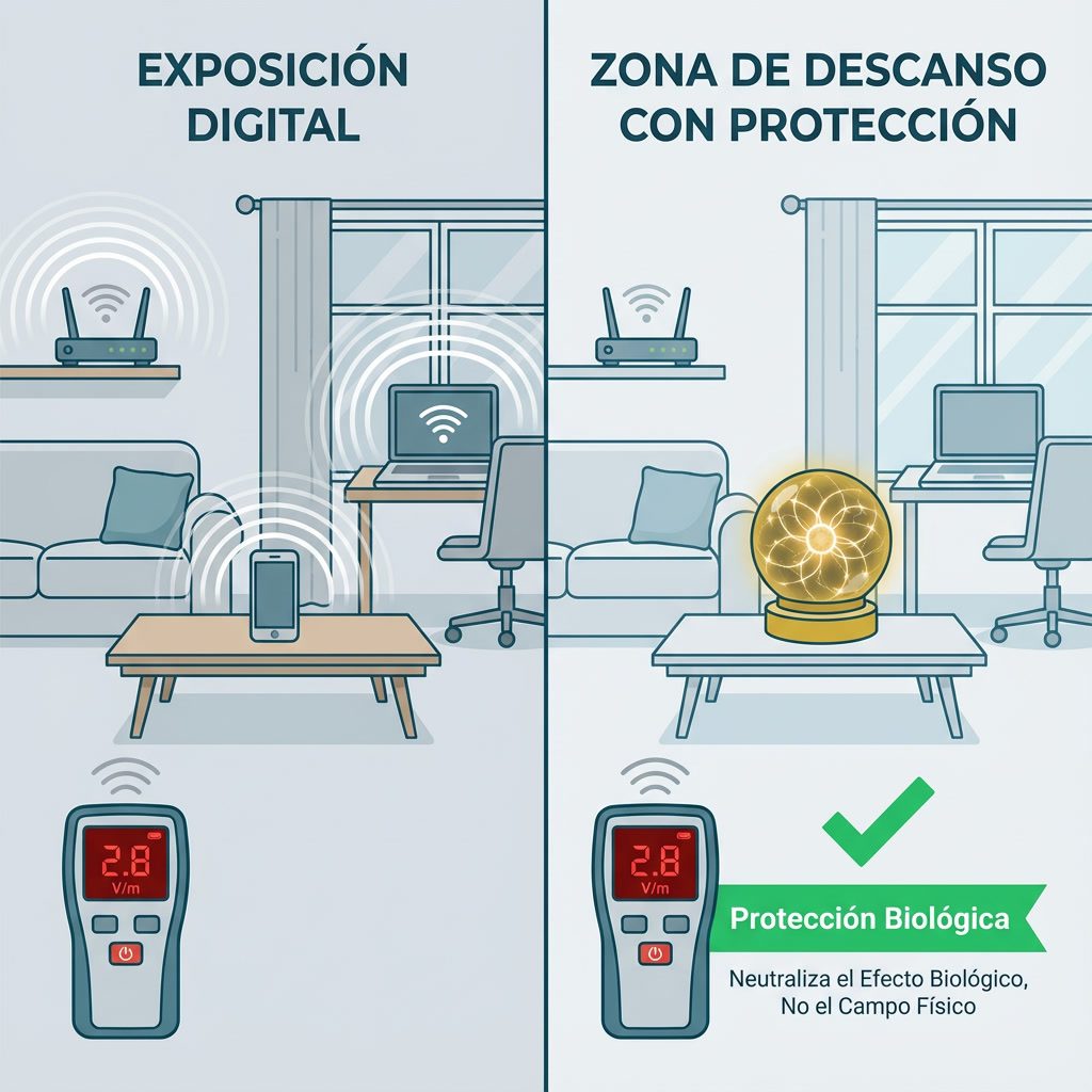 Infografía mostrando que dispositivos cuánticos no reducen EMF medibles pero prometen protección biológica