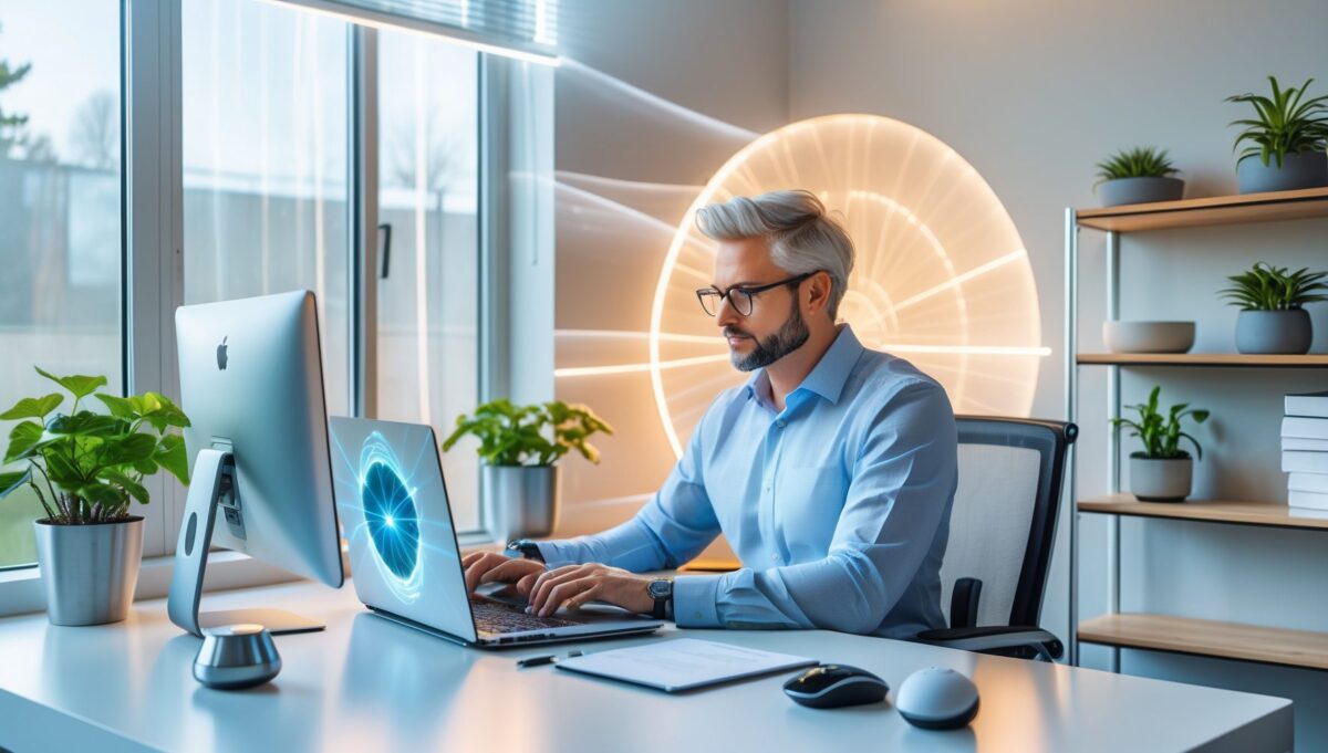 Profesional tecnológico trabajando cómodamente en oficina en casa con dispositivo de energía cuántica
