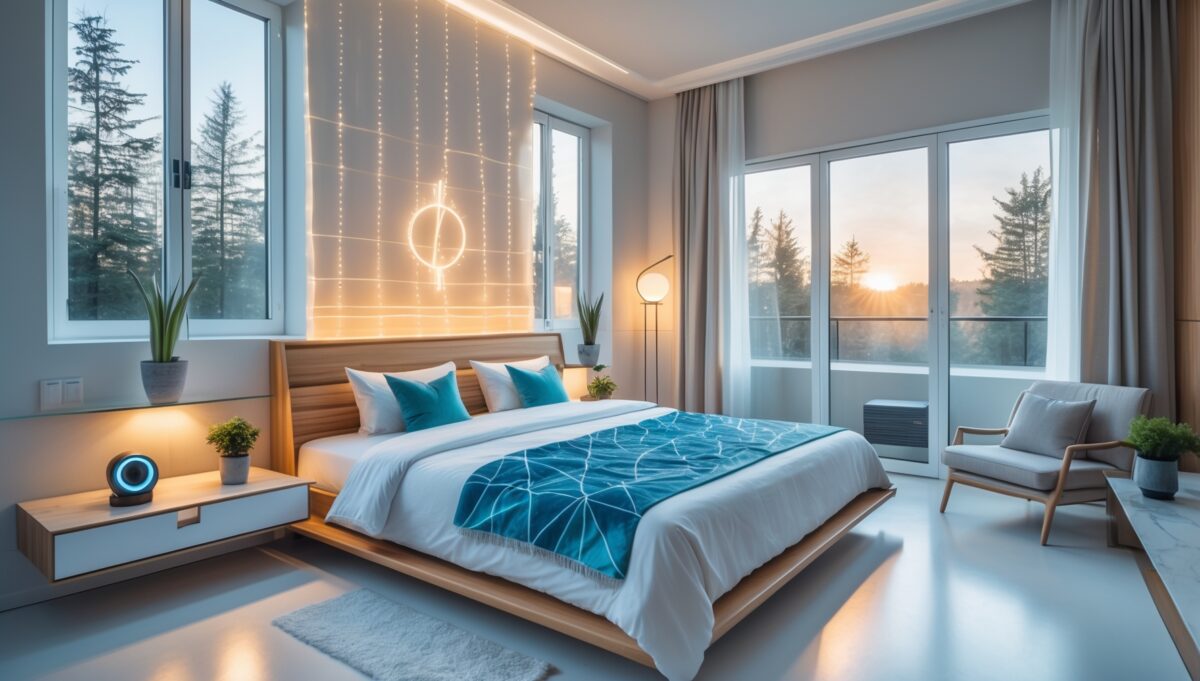 Chambre sanctuaire moderne minimaliste avec lit blanc luxueux, bois naturel, plantes vertes et appareil quantique créant ambiance sereine optimisée sommeil