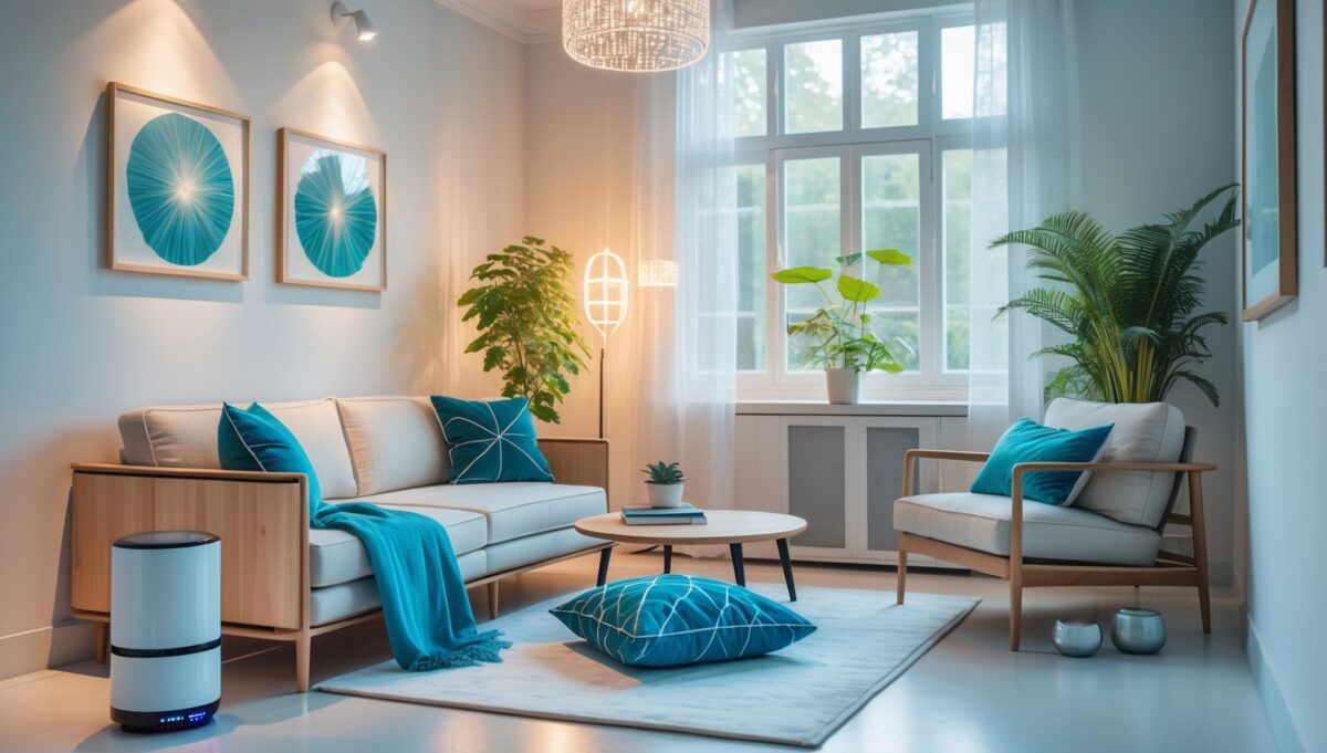 Salon moderne minimaliste avec appareil Qi-Home Cell sur table basse, canapé beige, plantes vertes et lumière naturelle douce créant ambiance wellness