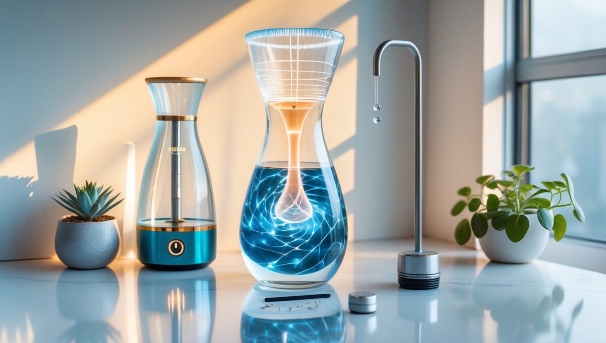 Dispositivos de estructuración de agua sobre encimera minimalista con cristalería y elementos naturales