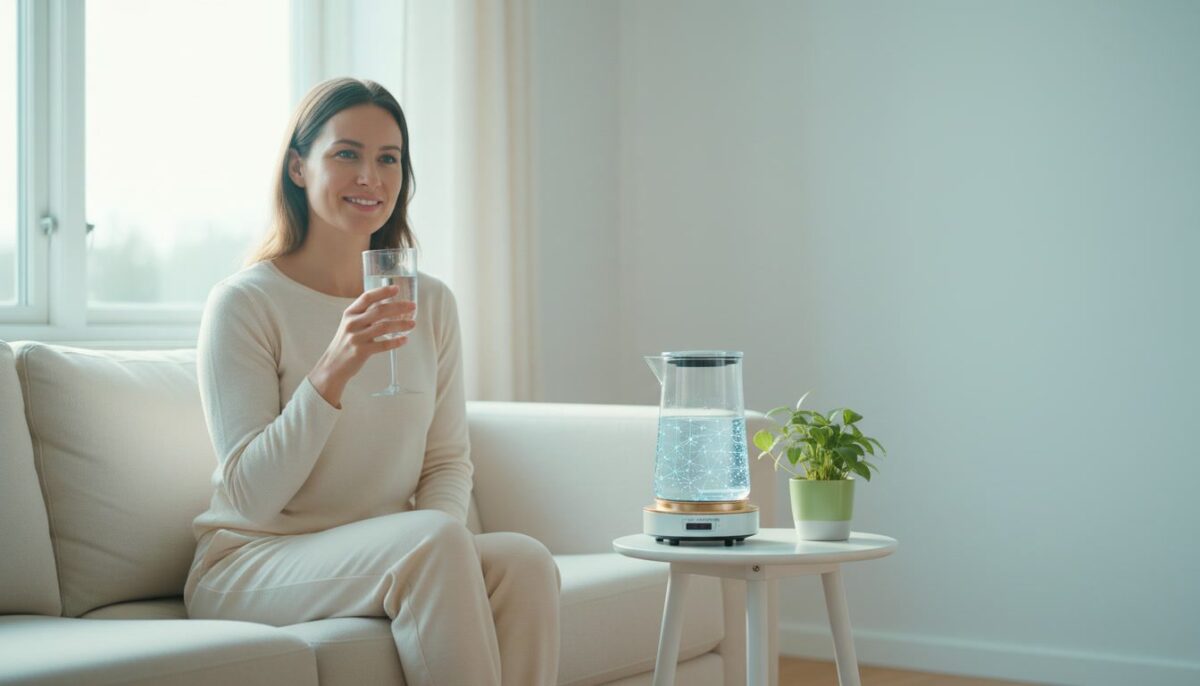Mujer joven disfrutando agua estructurada en ambiente hogareño minimalista y luminoso transmitiendo bienestar
