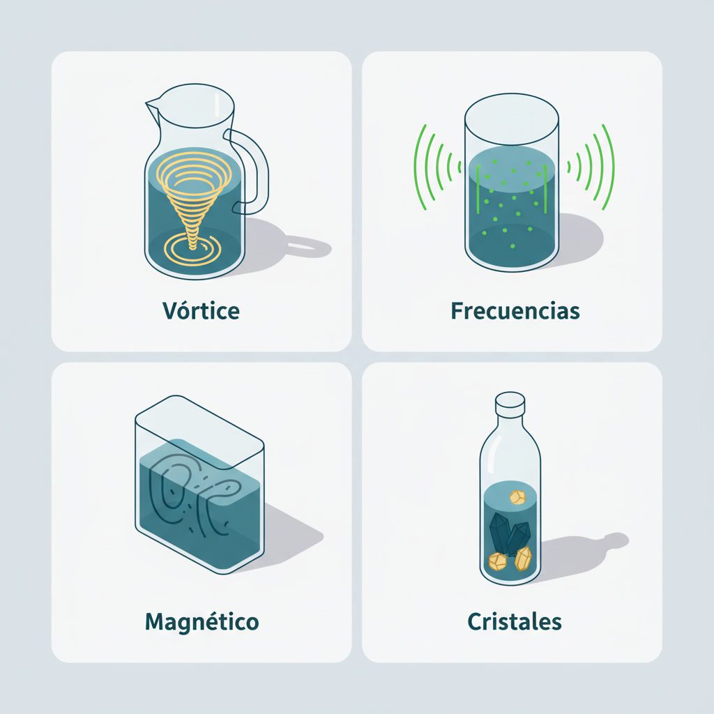 Infografía isométrica mostrando cuatro métodos de estructuración del agua: vórtice, frecuencias, magnético y cristales