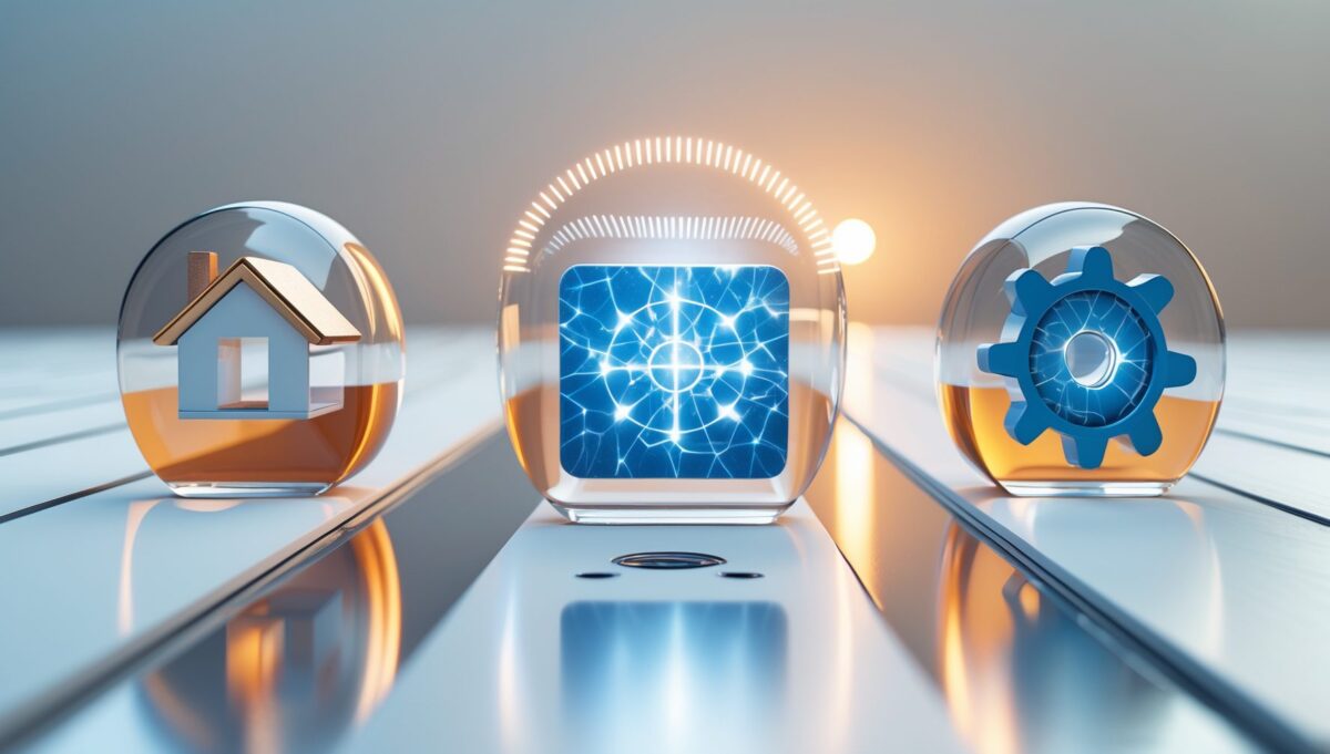 Chemin blanc se divisant en trois directions menant à des icônes flottantes : maison cuivrée, carte bleue et engrenage ambré.