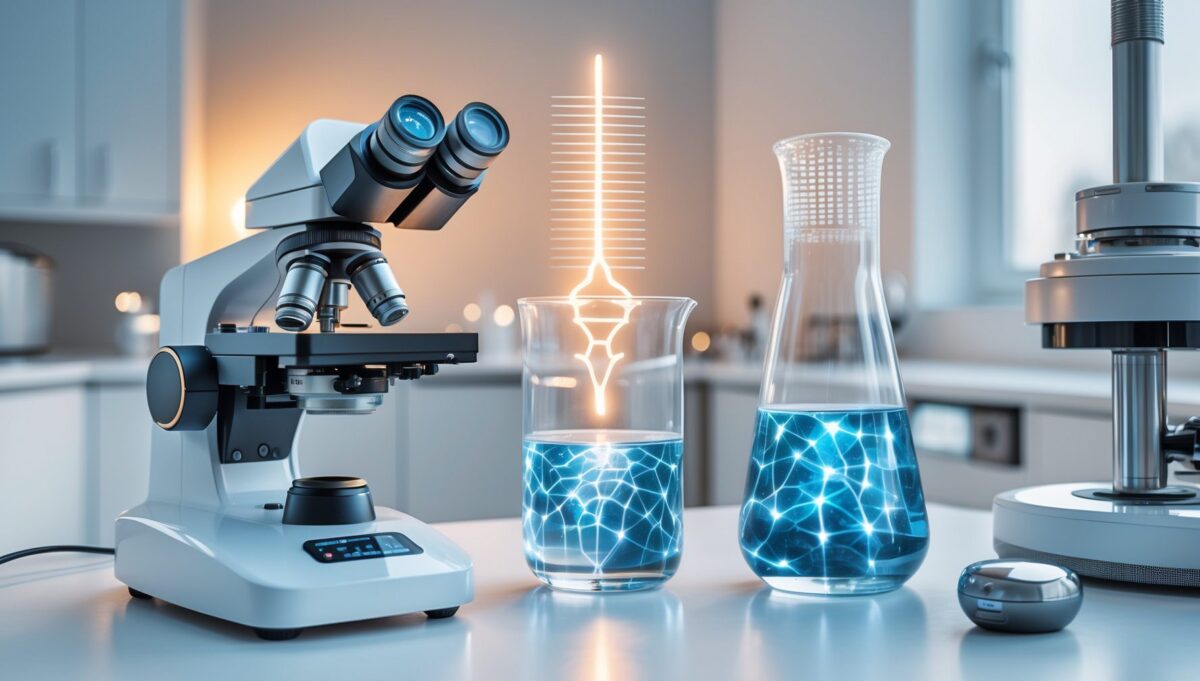 Laboratoire moderne avec microscope, appareil de fréquence lumineux et béchers en verre sur table blanche.