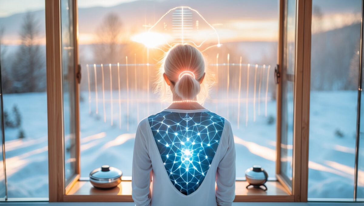 Personne contemplant un paysage naturel depuis des fenêtres lumineuses avec petit appareil cuivré lumineux sur rebord.