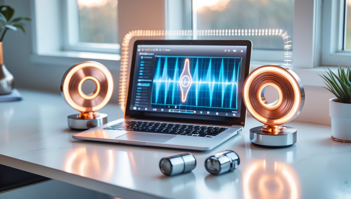 Bureau moderne avec ordinateur affichant app de fréquences entre deux bobines cuivrées lumineuses avec lumière naturelle.