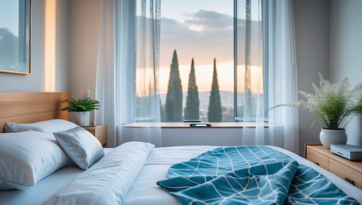 Camera da letto italiana serena e minimalista ottimizzata per sonno protetto senza campi EMF