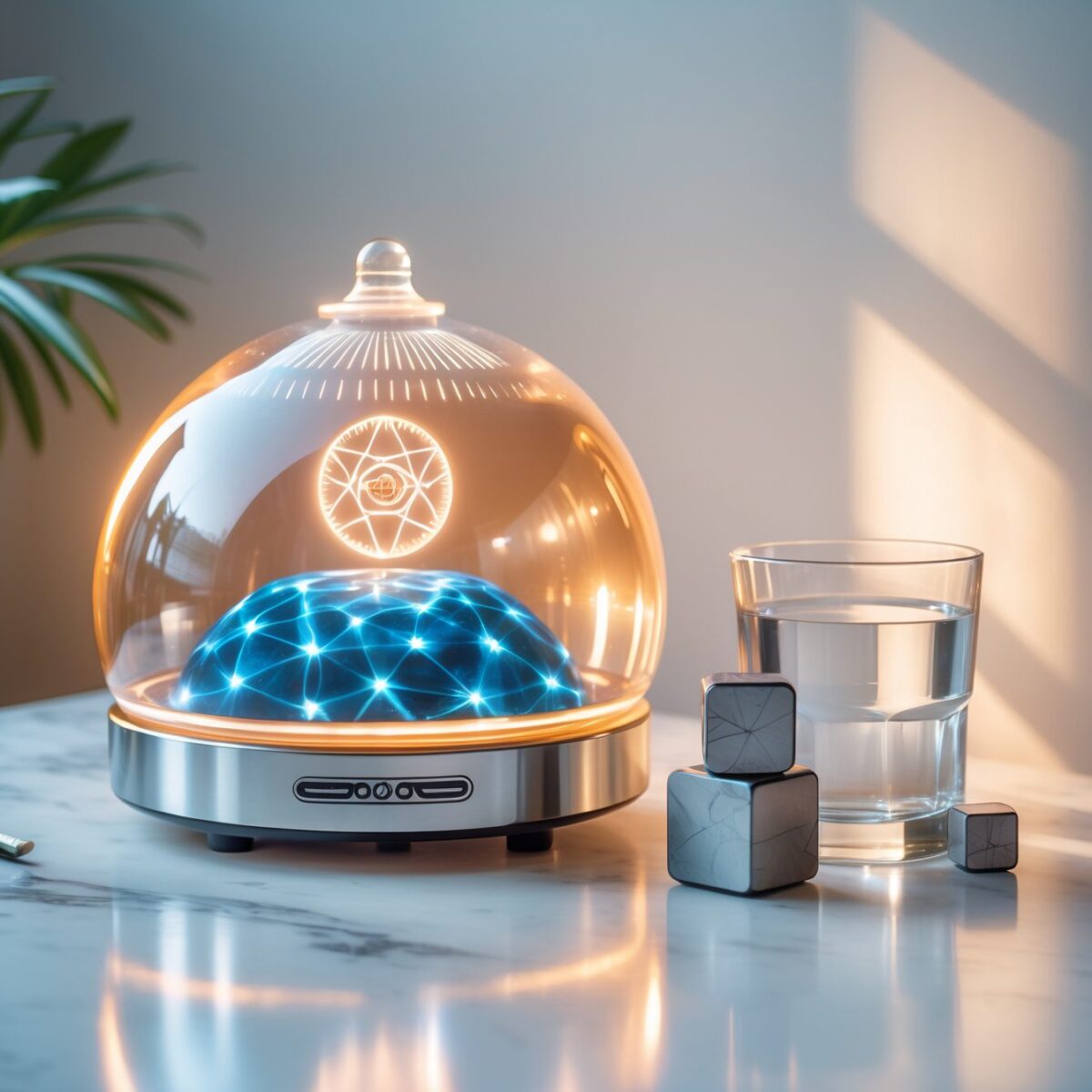 لقطة منتج فاخرة لجهاز Somavedic الزجاجي المتوهج بضوء كهرماني ومكعبات Leela النحاسية وكوب ماء على سطح رخامي أبيض