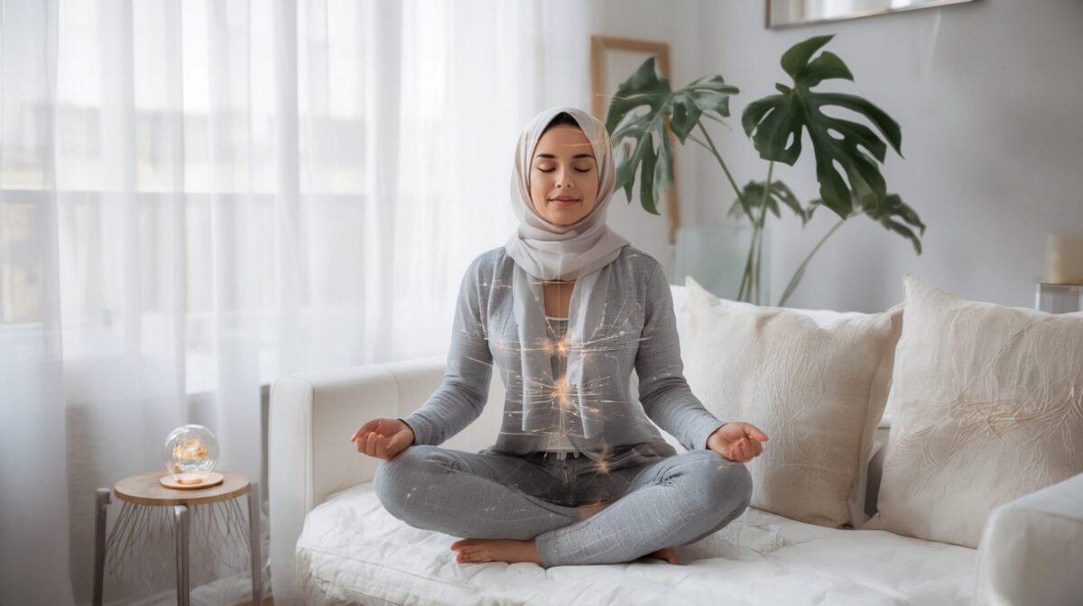 غرفة معيشة هادئة بأسلوب شرق أوسطي مع امرأة عربية تتأمل على أريكة بيضاء محاطة بهالة نحاسية ناعمة وجهاز طاقة كمومية يتوهج