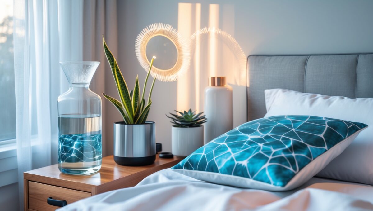 Moment de bien-être matinal avec personne buvant de l'eau structurée dans chambre minimaliste Scandinave