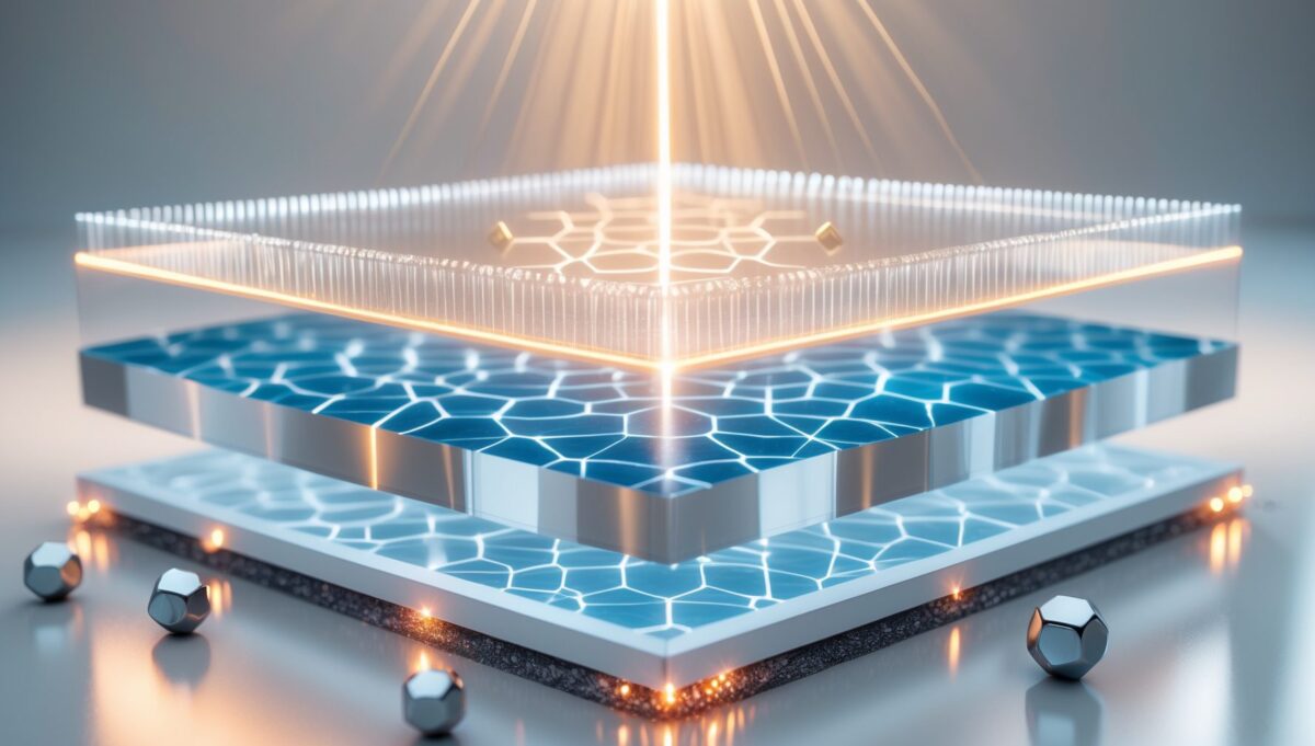 Visualizzazione scientifica tridimensionale dell'acqua EZ (Exclusion Zone) con strati molecolari organizzati e particelle di ioni idrogeno
