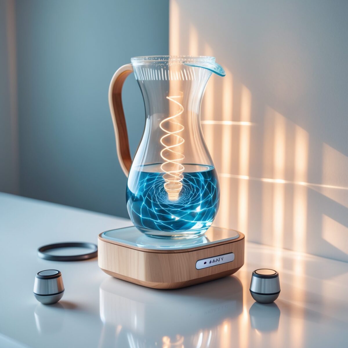 Dispositivo Mayu Swirl per la strutturazione dell'acqua tramite vortice, con caraffa in vetro elegante e base in legno su sfondo teal