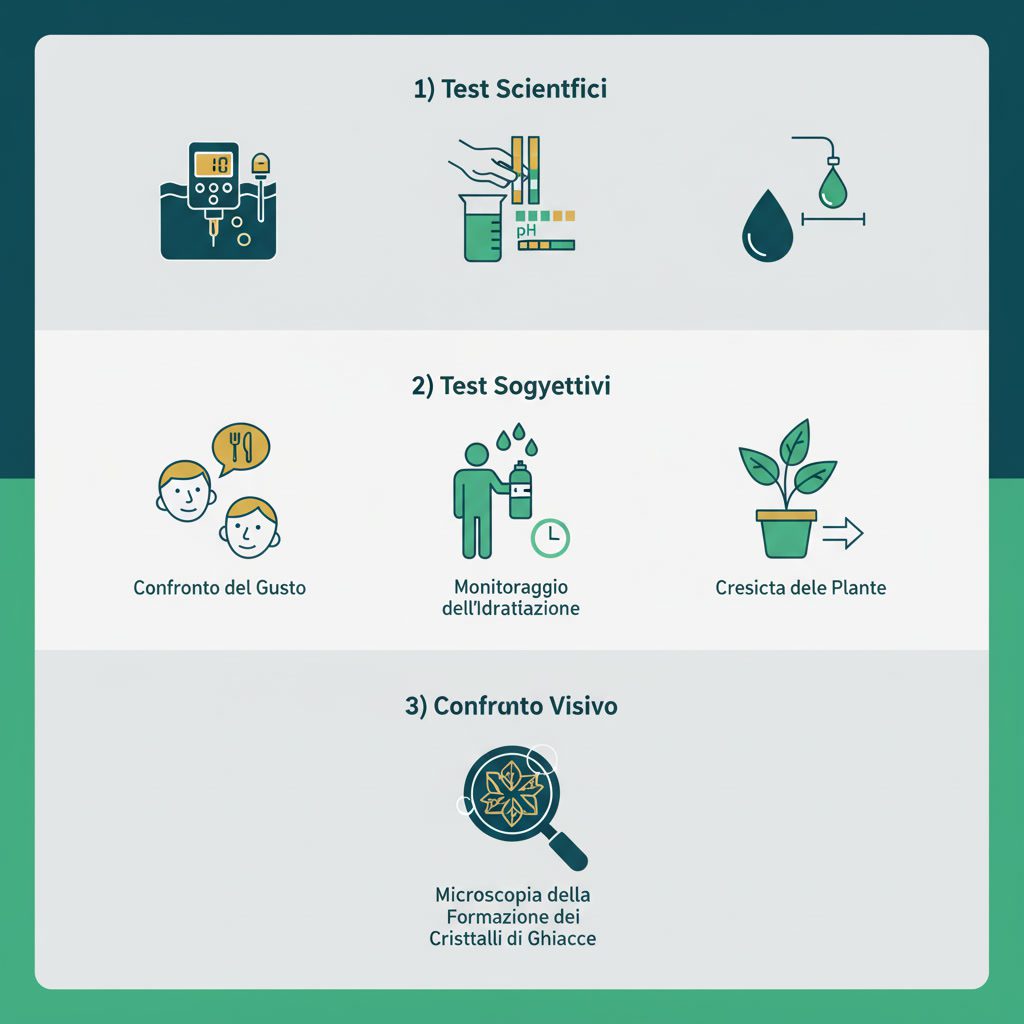 Infografica che illustra i metodi di verifica dell'acqua strutturata: test scientifici, test soggettivi e confronto visivo dei cristalli di ghiaccio