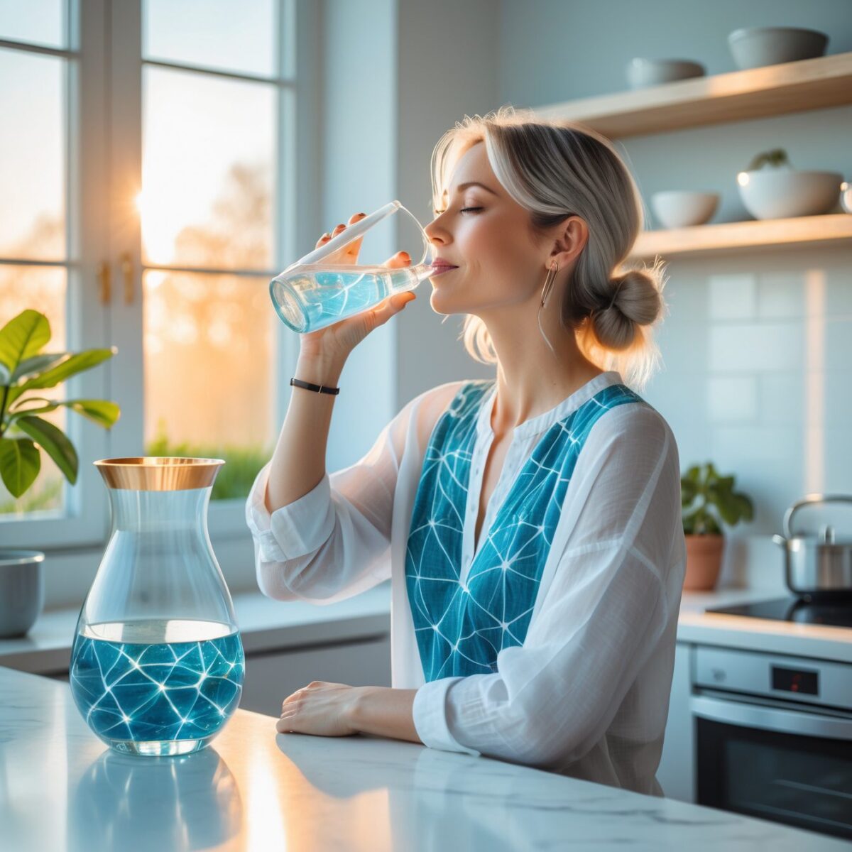 Donna in cucina moderna che beve acqua strutturata da un bicchiere elegante con espressione serena, piante verdi e luce naturale del mattino