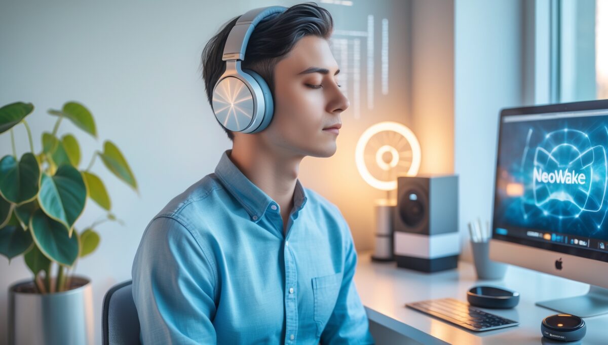 Person mit Kopfhörern in moderner minimalistischer Umgebung nutzt Neowake App für Meditation und Schlafoptimierung